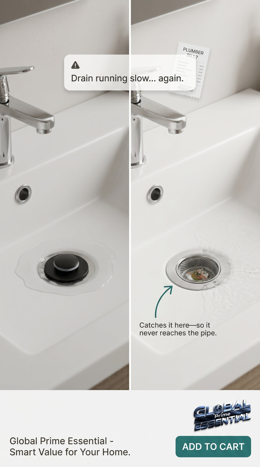 Global Prime Essential bathroom sink drain strainer preventing clogs and catching debris in a modern bathroom setup.