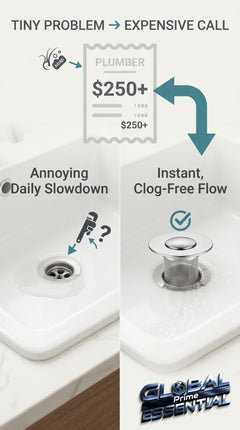 Global Prime Essential bathroom sink drain strainer preventing clogs and catching debris in a modern bathroom sink.