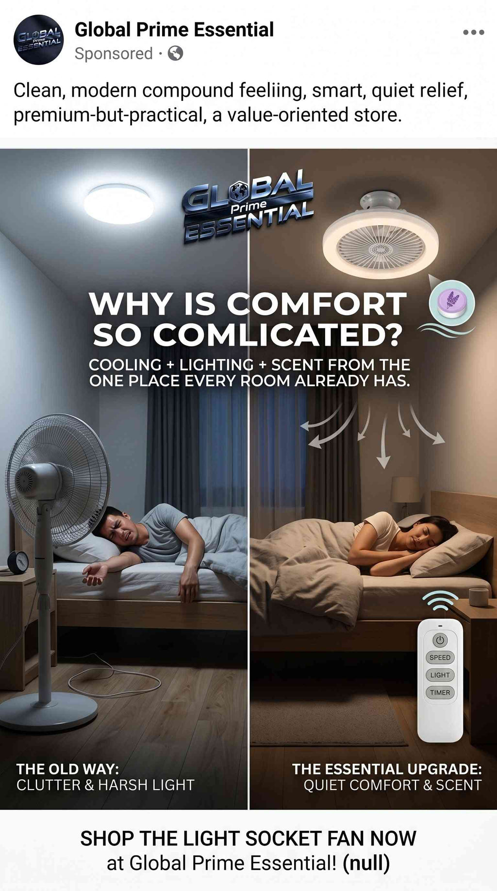 Global Prime Essential light socket fan with remote, 3 speeds, dimmable LED, aromatherapy feature, E26 fit, for comfortable cooling.
