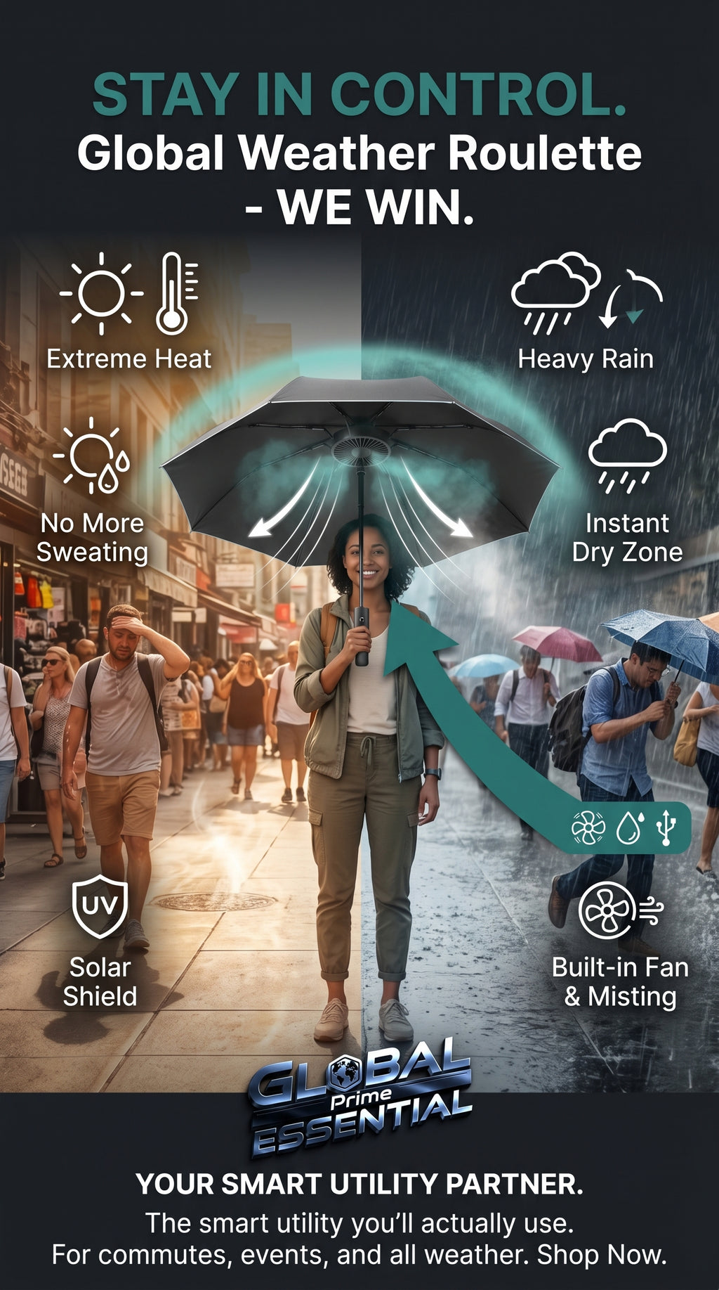 Global Prime Essential portable umbrella with built-in fan and misting system for outdoor weather protection and cooling.