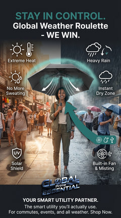 Global Prime Essential portable umbrella with built-in fan and misting system for outdoor weather protection and cooling.
