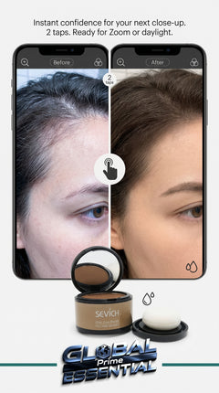 Close-up of Global Prime Essential Hairline Powder filling in thinning hair areas for a natural, fuller hairline.