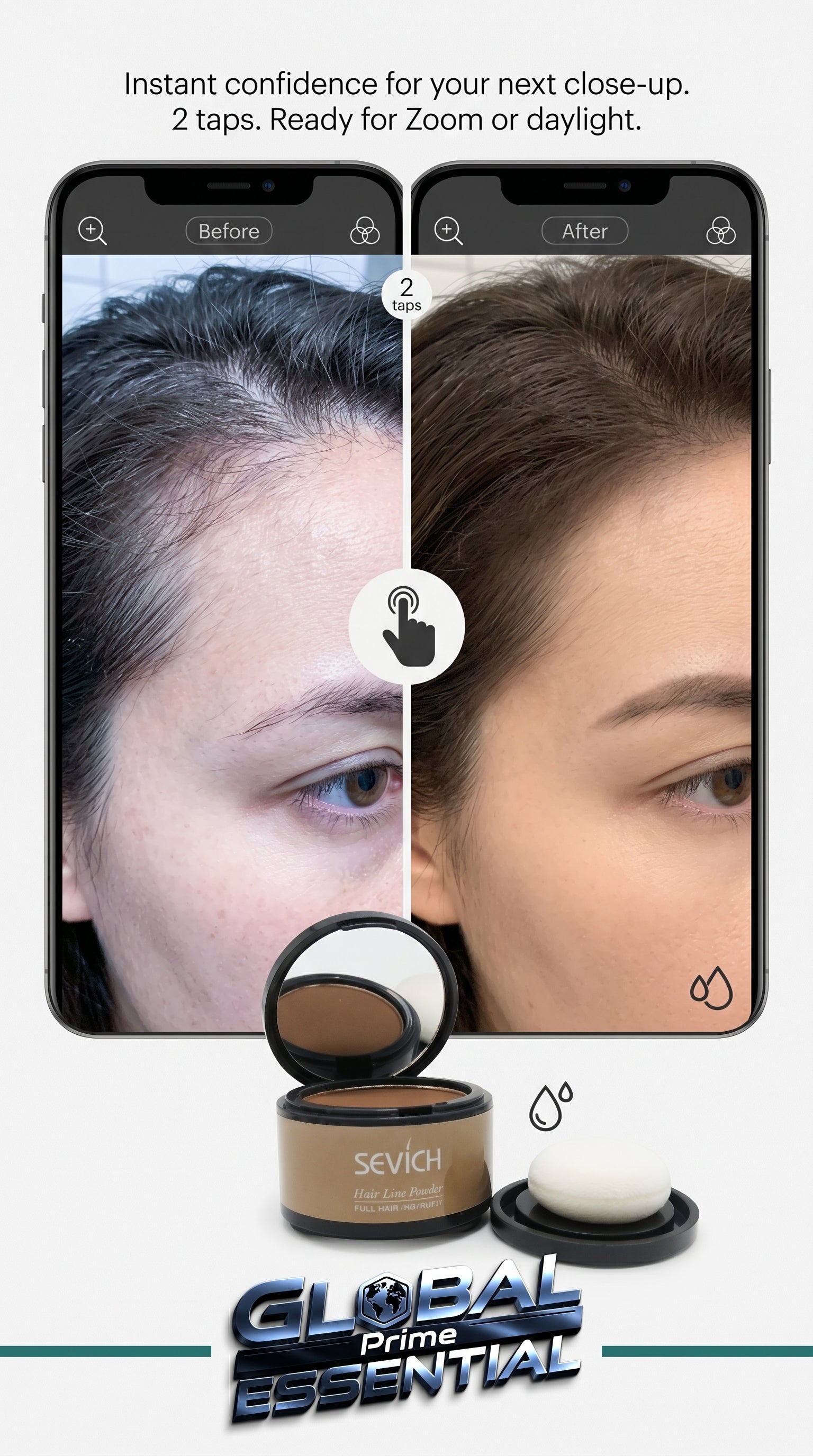 Close-up of Global Prime Essential Hairline Powder filling in thinning hair areas for a natural, fuller hairline.