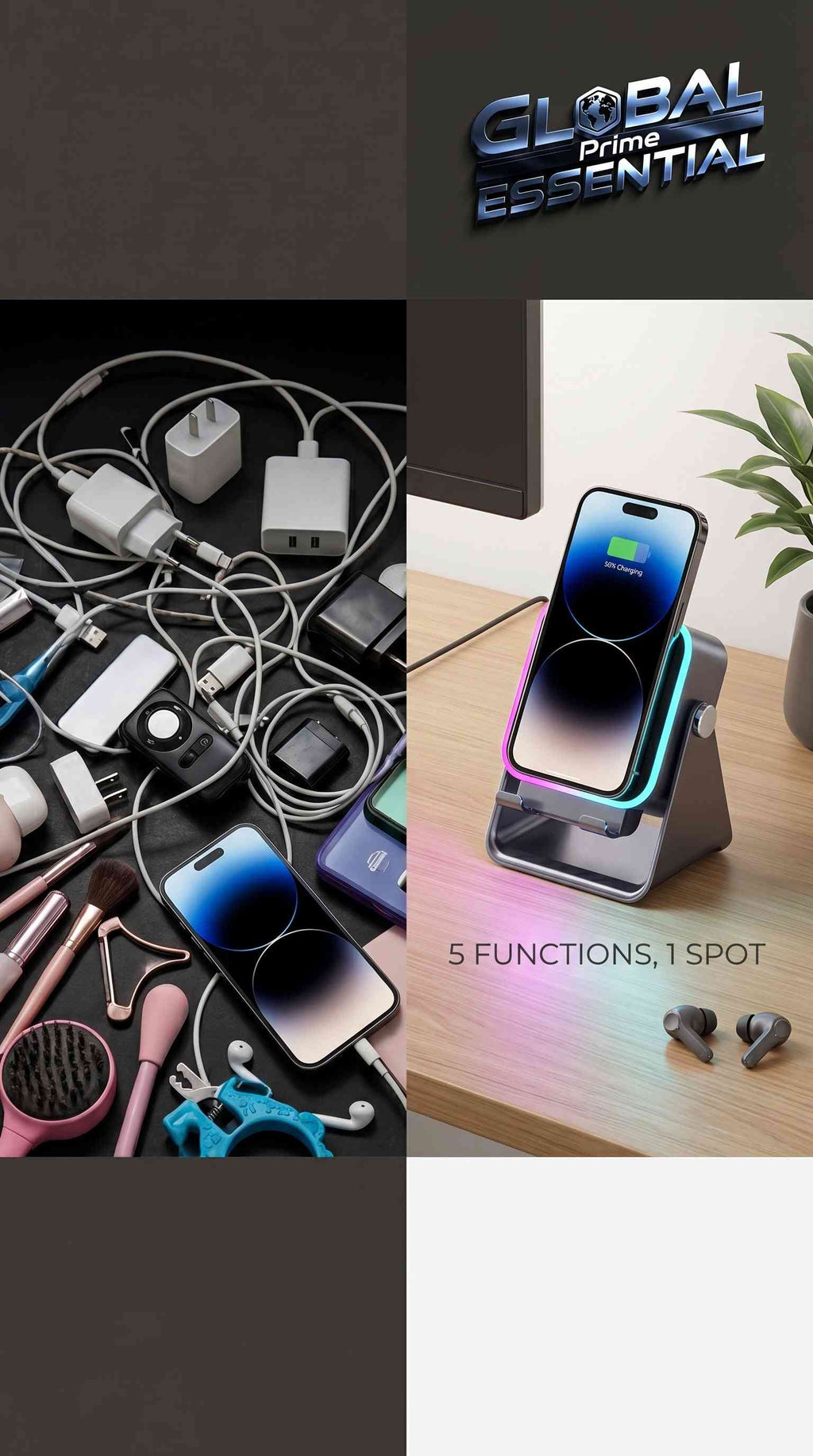 Global Prime Essential 5-in-1 wireless speaker with phone holder, RGB lighting, induction audio, charging, and Bluetooth on a desk.