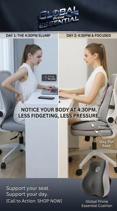 Global Prime Essential memory foam office chair cushion with ergonomic design for back support during work.