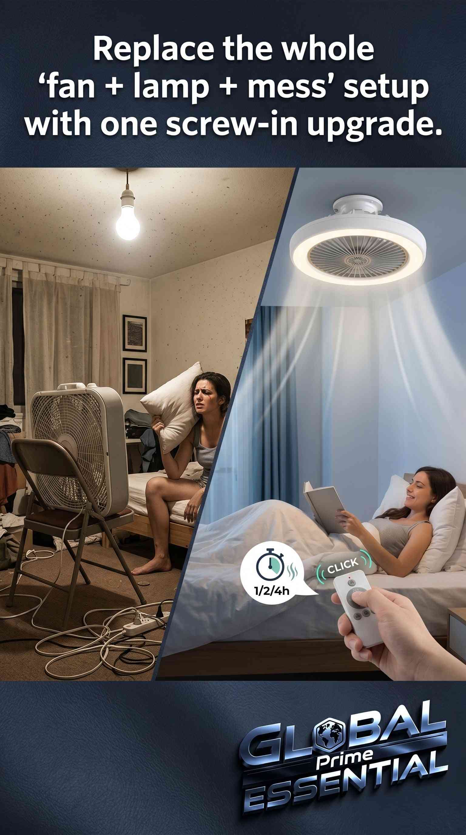 Global Prime Essential light socket fan with remote control, dimmable LED, aromatherapy feature, three speeds, E26 fit, minimal design