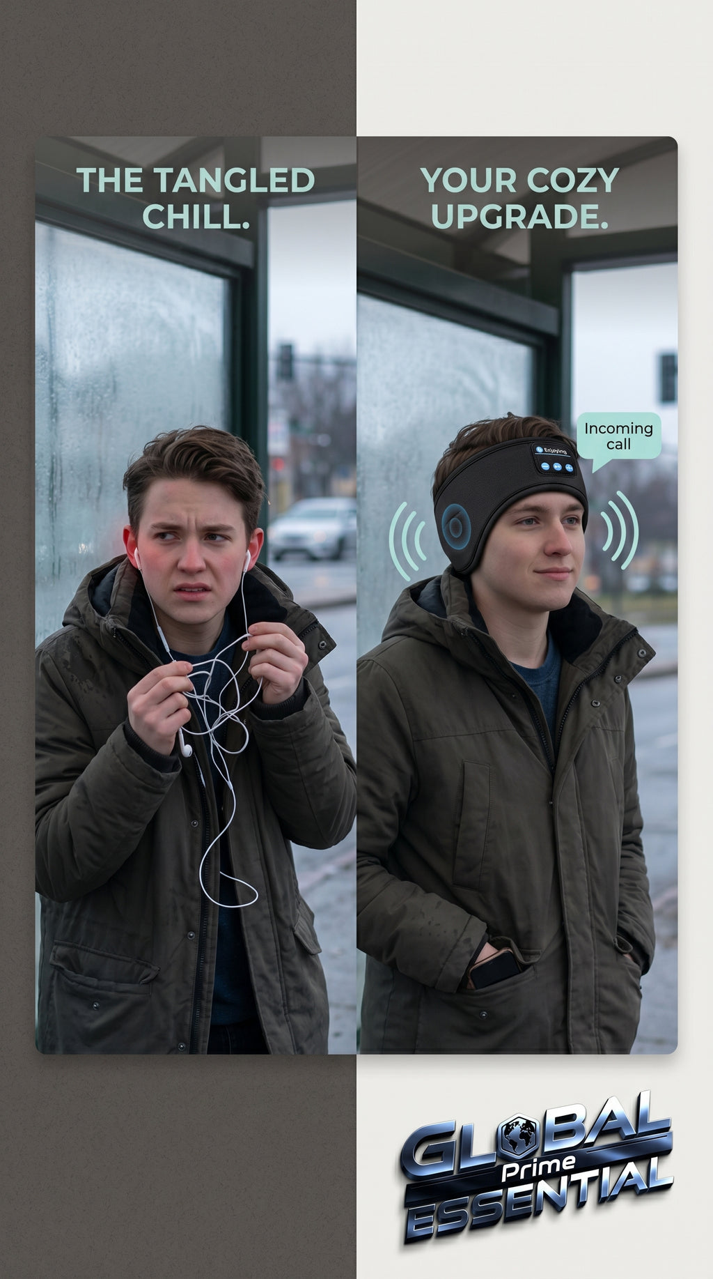 Wireless Bluetooth headscarf by Global Prime Essential with built-in speakers for outdoor music and calls in a cozy, seamless design.