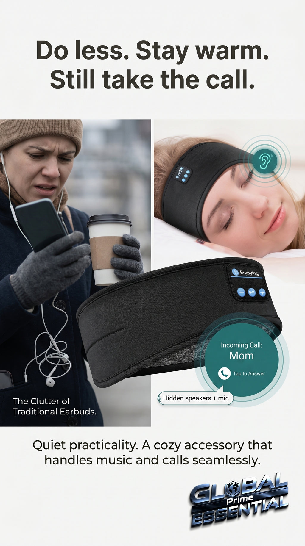 Global Prime Essential Bluetooth headscarf with built-in speakers, perfect for outdoor music, calls, and comfortable wear.
