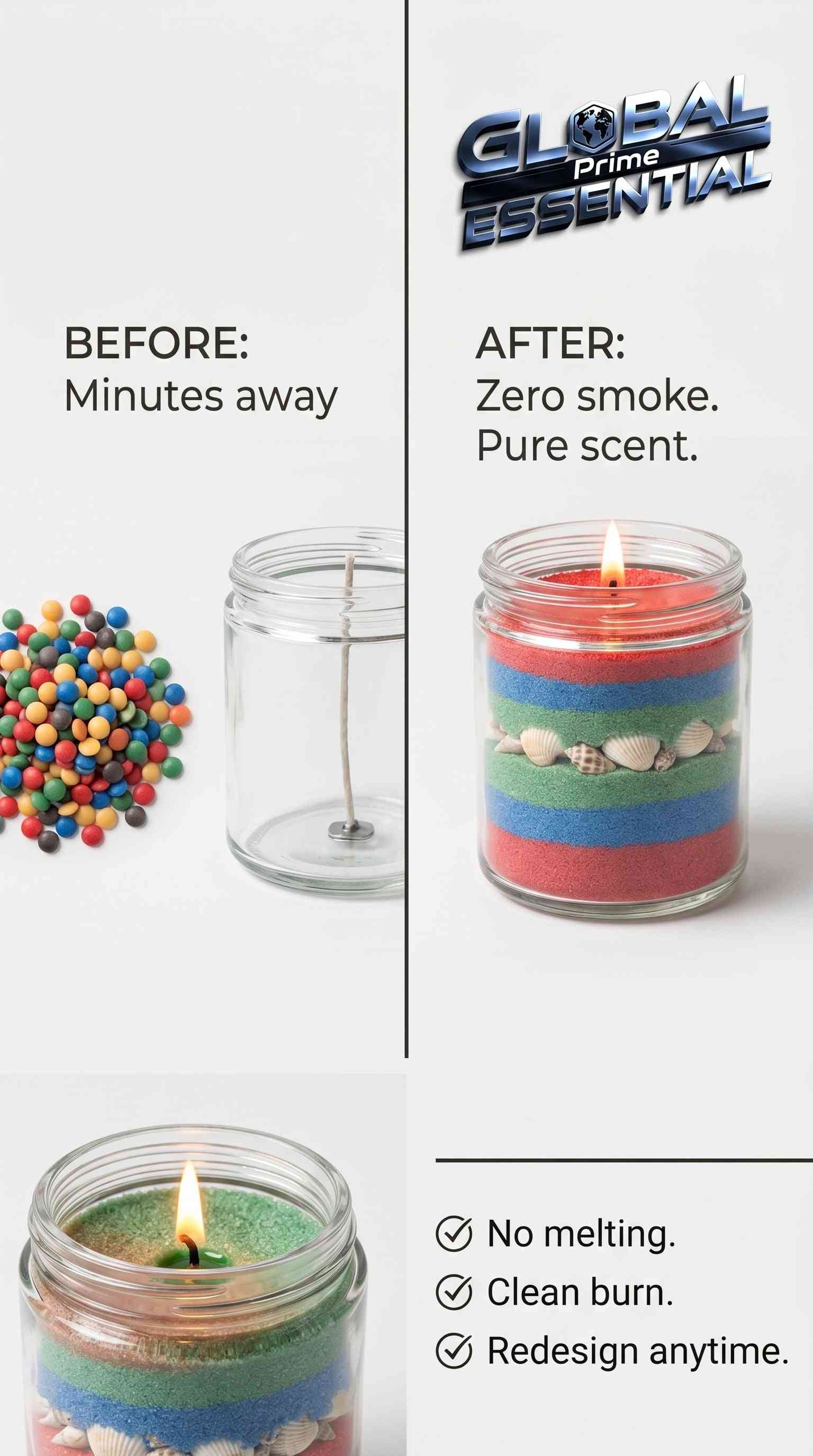 Colorful granular pearl candle wax by Global Prime Essential for DIY layered candles, smoke-free, clean burn in 16 vibrant colors.