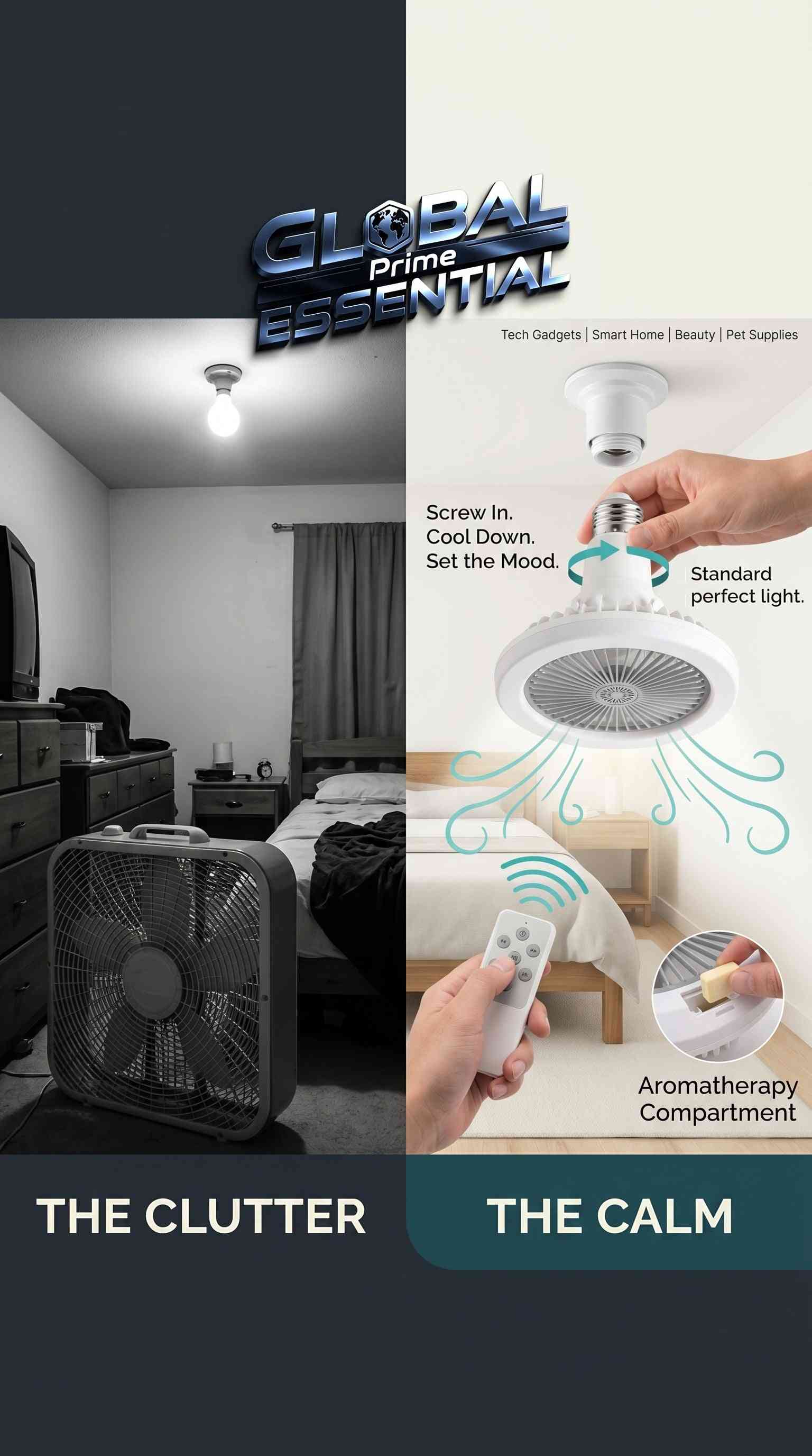 Global Prime Essential light socket fan with remote control, dimmable LED, aromatherapy feature, designed for single E26 socket in small rooms.