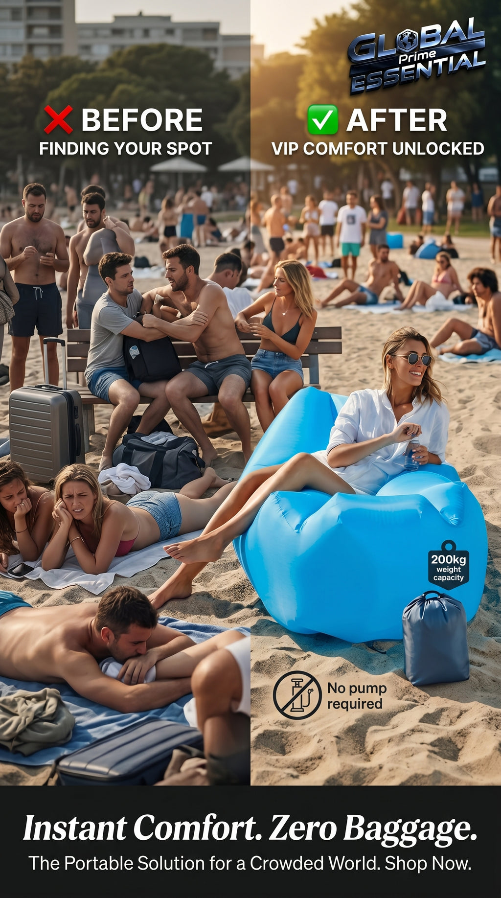Global Prime Essential inflatable lounger on a crowded beach, showing its portable design and comfortable seating for outdoor relaxation.