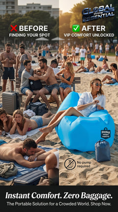 Global Prime Essential inflatable lounger on a crowded beach, showing its portable design and comfortable seating for outdoor relaxation.