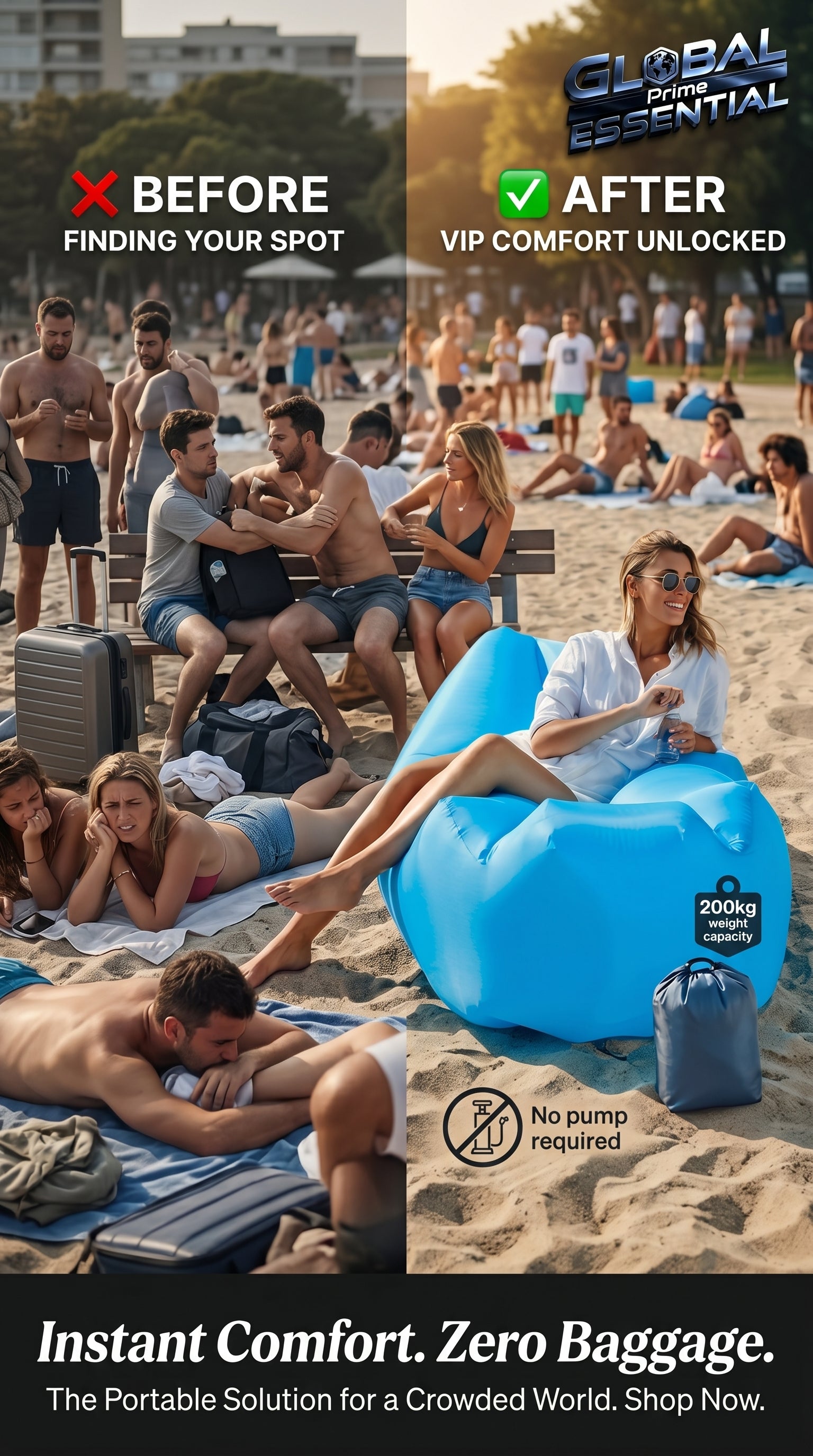 Global Prime Essential inflatable lounger on a crowded beach, showing its portable design and comfortable seating for outdoor relaxation.