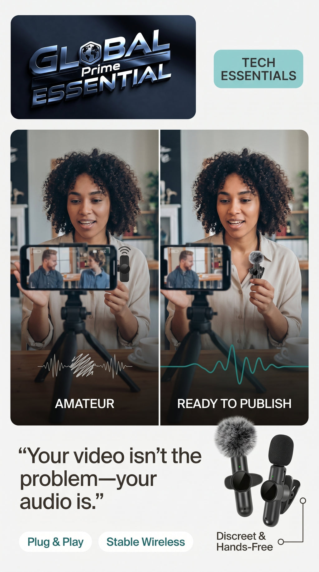 Global Prime Essential wireless lavalier microphone with crystal-clear audio quality for professional recordings and presentations.