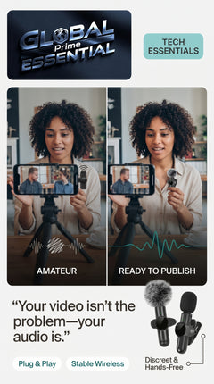 Global Prime Essential wireless lavalier microphone with crystal-clear audio quality for professional recordings and presentations.