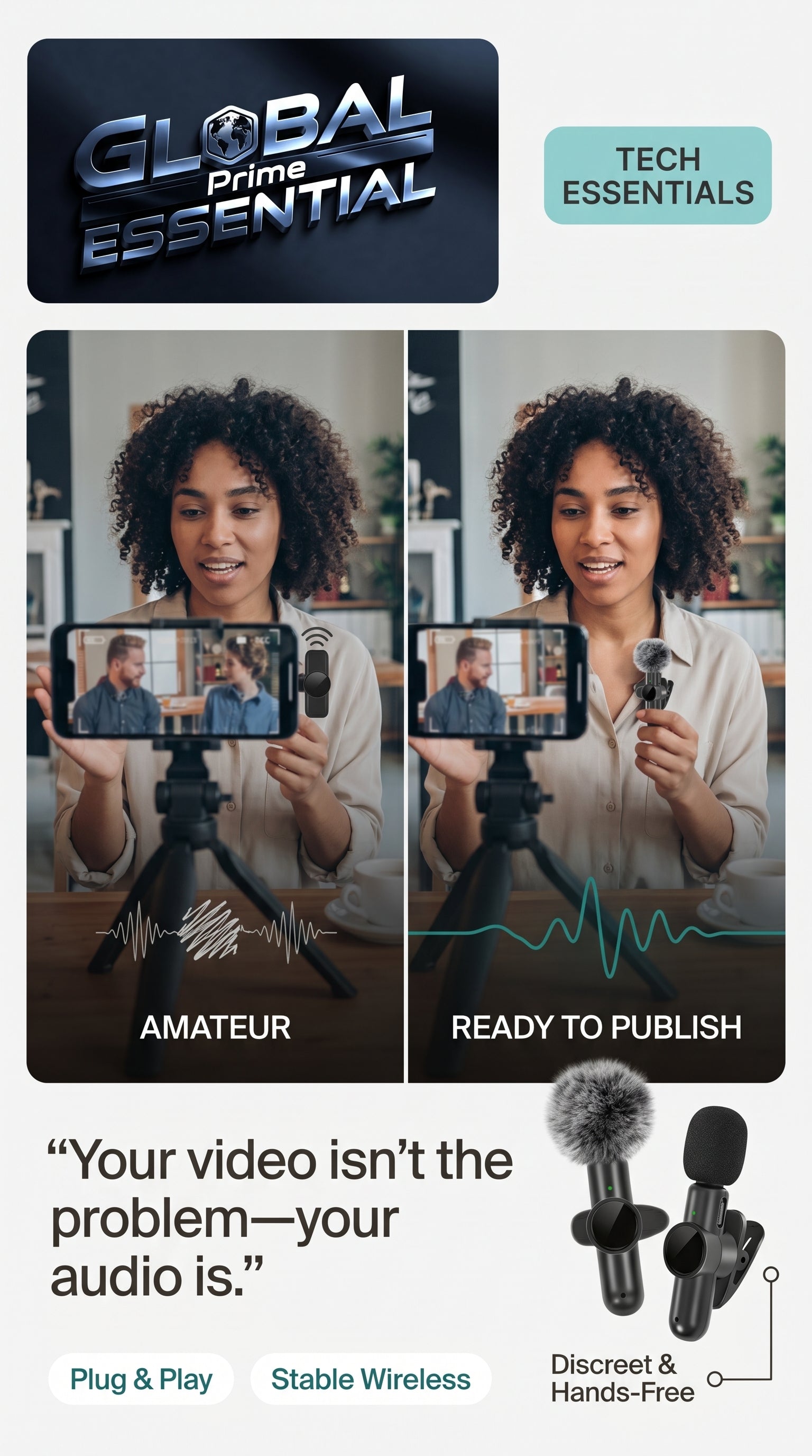 Global Prime Essential wireless lavalier microphone with crystal-clear audio quality for professional recordings and presentations.