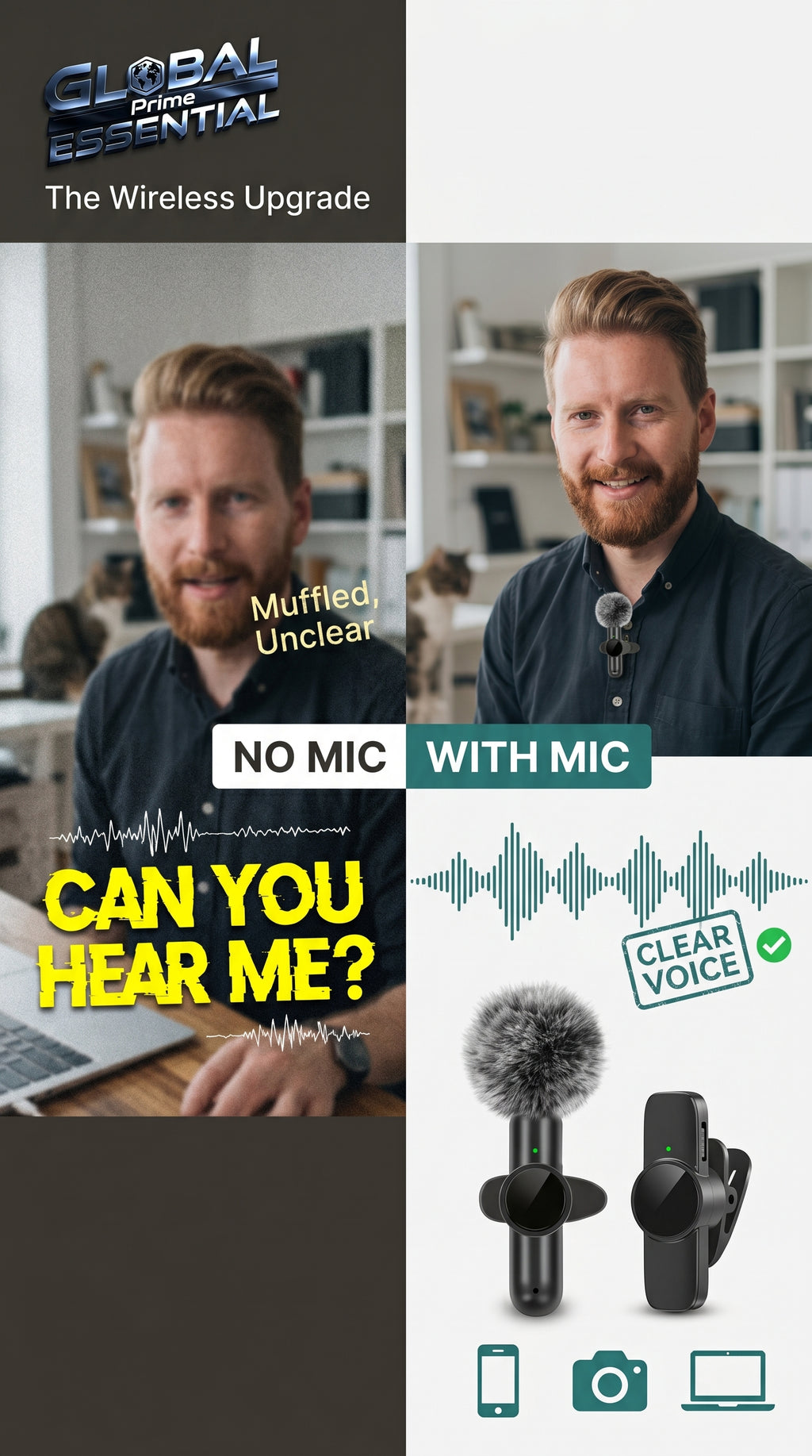 Global Prime Essential wireless lavalier microphone capturing crystal-clear audio for professional recordings and presentations.