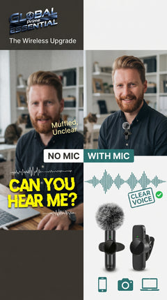 Global Prime Essential wireless lavalier microphone capturing crystal-clear audio for professional recordings and presentations.