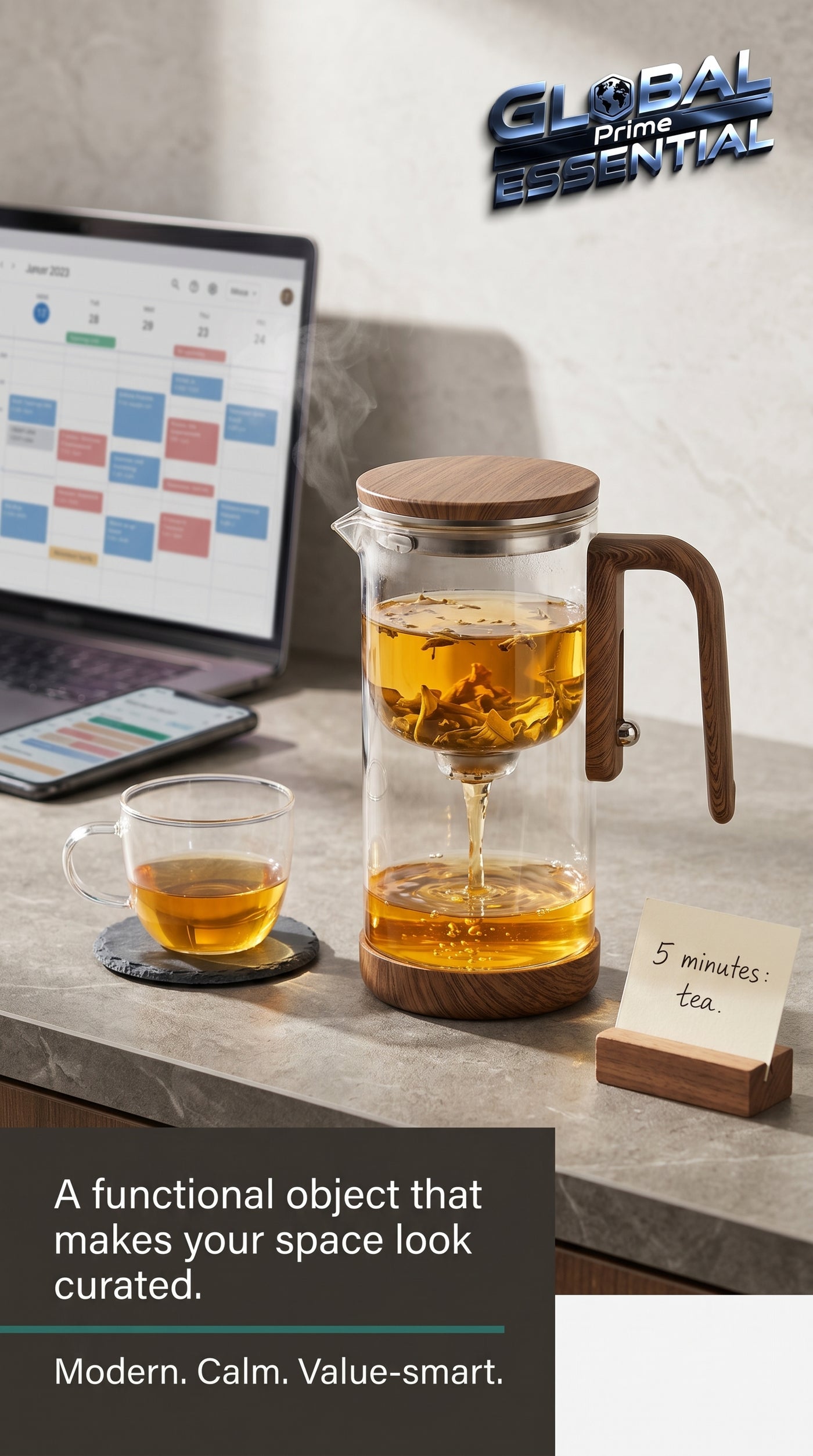 Global Prime Essential wooden tea pot with a smooth finish, perfect for brewing and serving tea in a calming, natural style.
