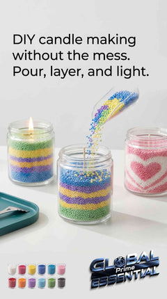 Colorful granular pearl candle wax by Global Prime Essential for DIY candle making, smoke-free, clean burn in 16 vibrant colors.