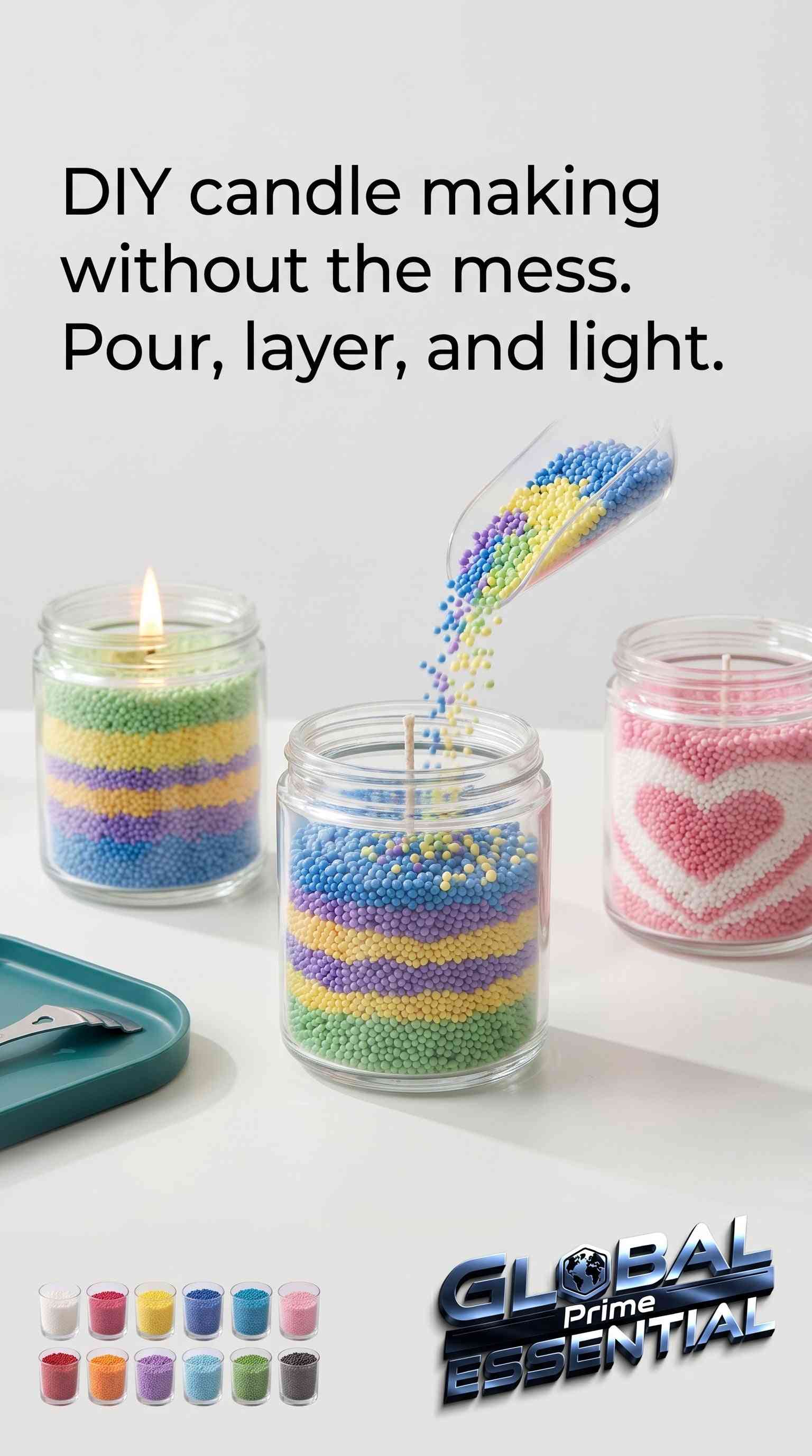 Colorful granular pearl candle wax by Global Prime Essential for DIY candle making, smoke-free, clean burn in 16 vibrant colors.