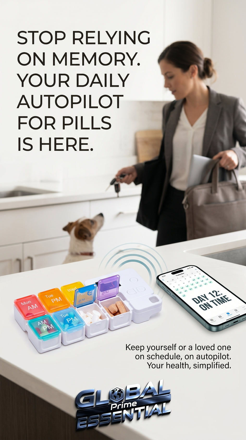 Global Prime Essential drug storage alarm box with digital display and secure lock for safe medication management.