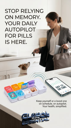 Global Prime Essential drug storage alarm box with digital display and secure lock for safe medication management.