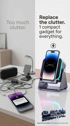 Global Prime Essential 5-in-1 wireless speaker with phone holder, RGB lighting, induction charger, and Bluetooth on a tidy desk.