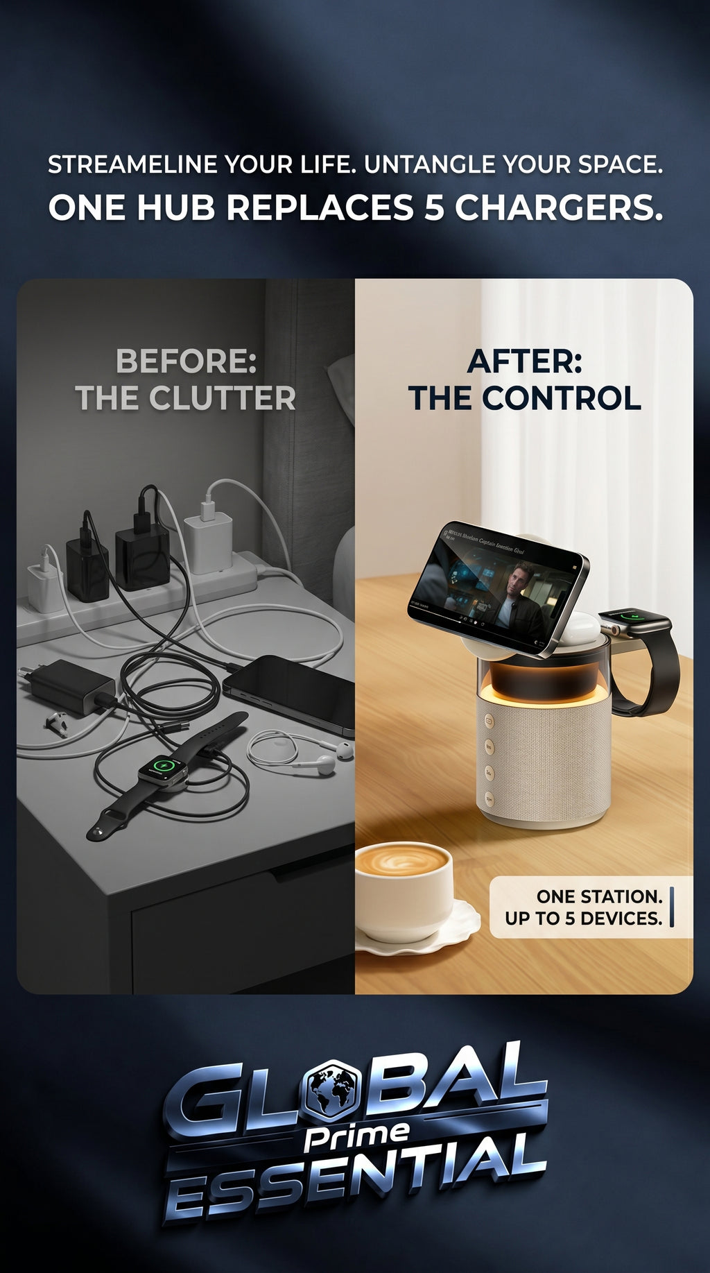 Global Prime Essential 5-in-1 magnetic wireless charging station charging multiple devices on a desk or nightstand.