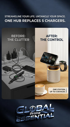 Global Prime Essential 5-in-1 magnetic wireless charging station charging multiple devices on a desk or nightstand.