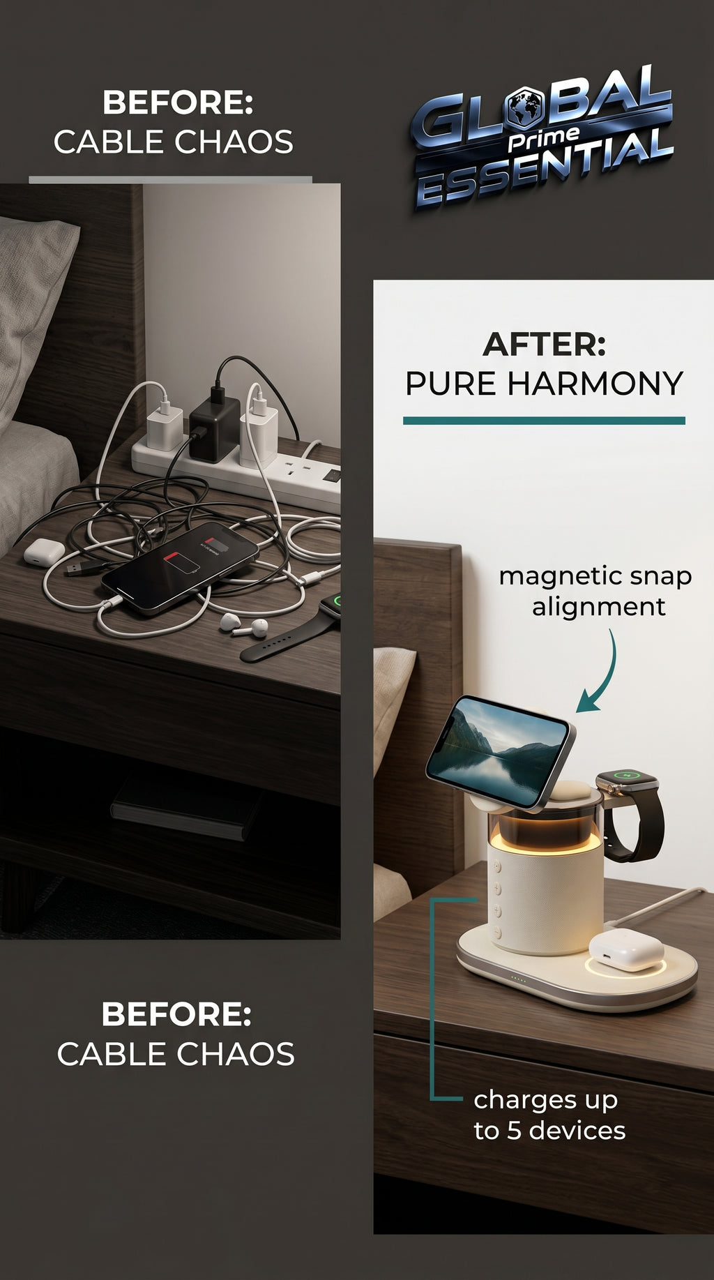 Global Prime Essential 5-in-1 magnetic wireless charging station on a nightstand, holding multiple devices in a tidy, organized setup.