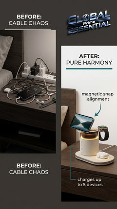 Global Prime Essential 5-in-1 magnetic wireless charging station on a nightstand, holding multiple devices in a tidy, organized setup.