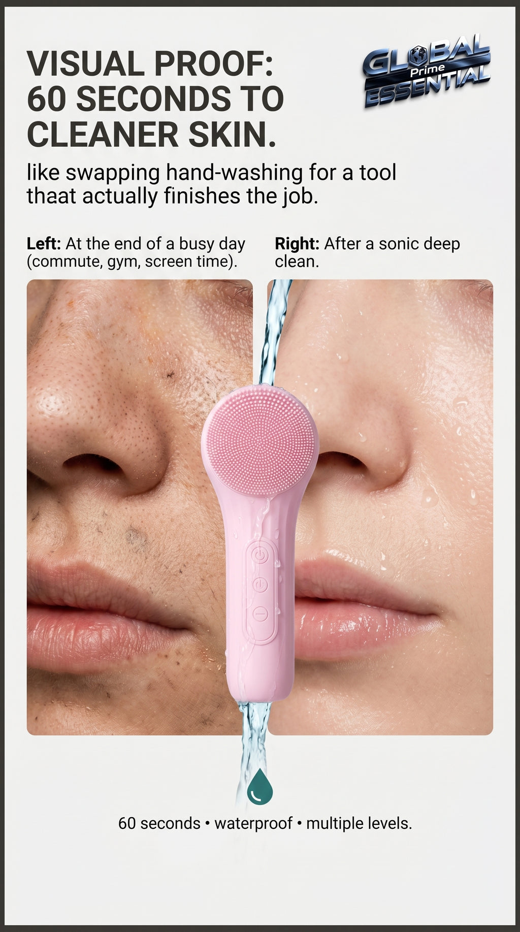 Global Prime Essential Sonic waterproof facial cleansing brush shown with deep pore cleansing action on smooth skin.