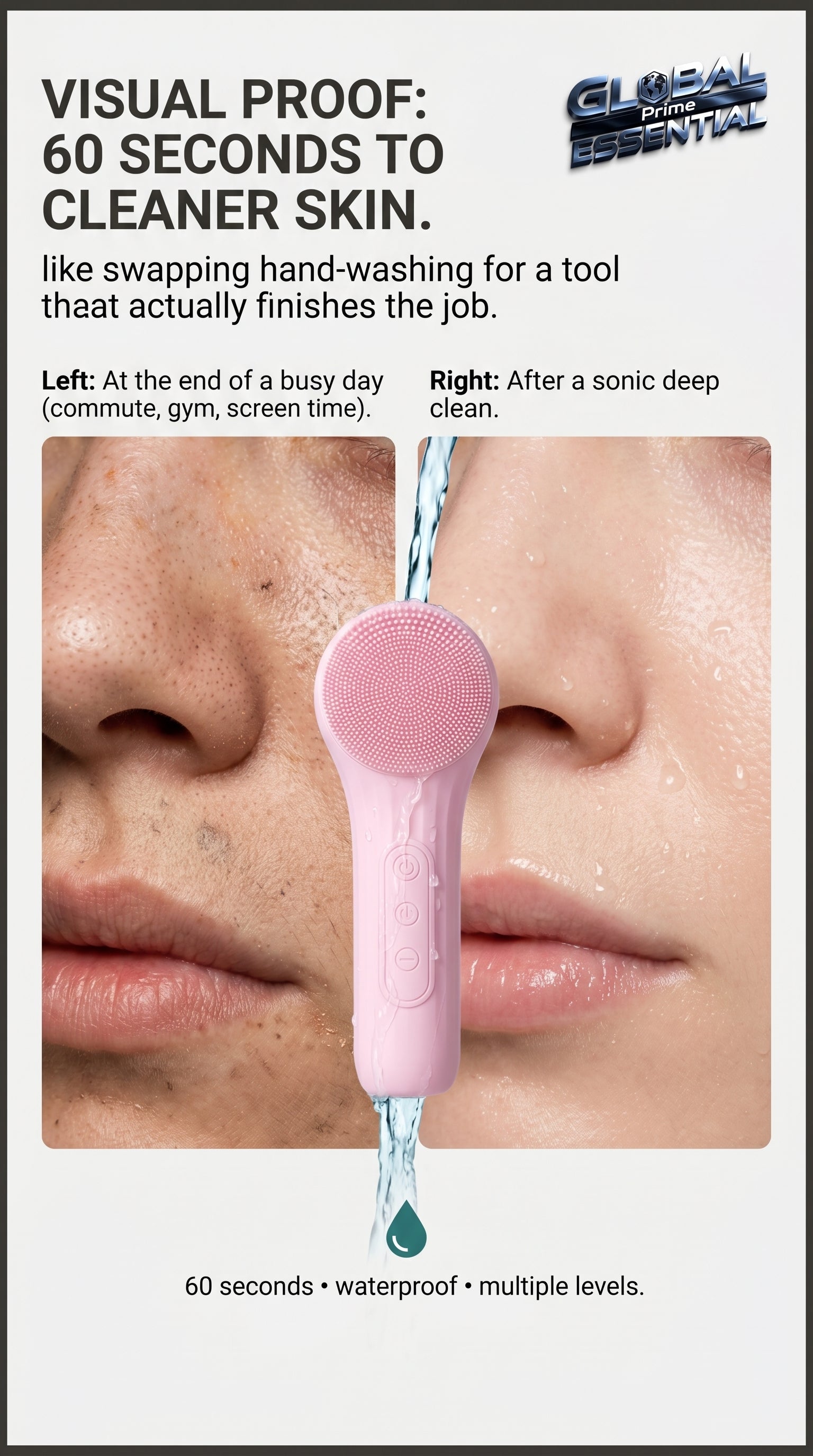 Global Prime Essential Sonic waterproof facial cleansing brush shown with deep pore cleansing action on smooth skin.