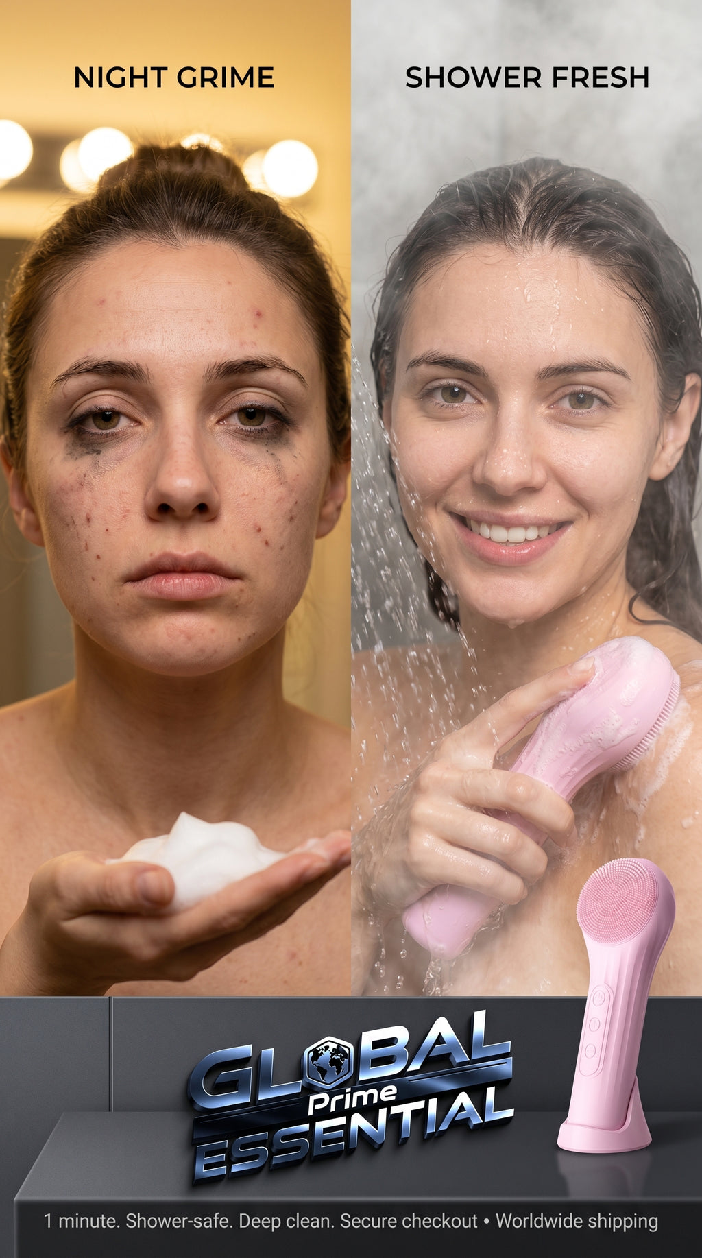 Global Prime Essential Sonic Waterproof Facial Cleansing Brush shown in shower-safe design for deep pore cleansing and smoother skin.