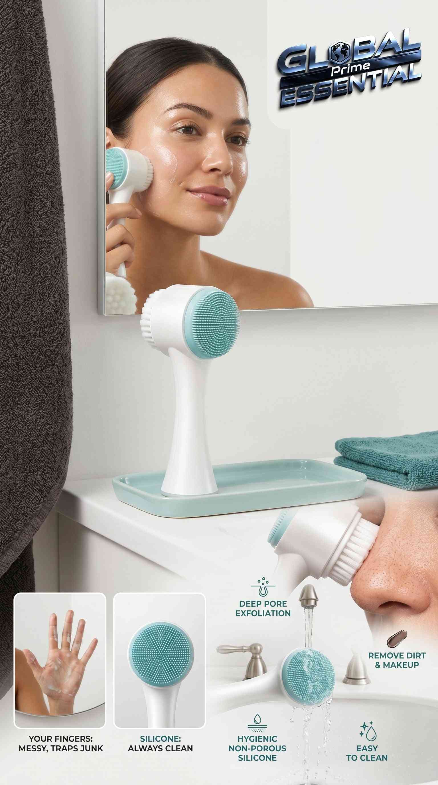 Global Prime Essential 2-in-1 silicone facial cleansing brush for deep pore cleaning, exfoliating, and massage skincare routine.