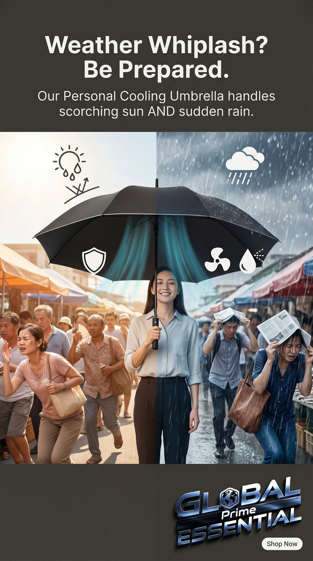 Global Prime Essential portable umbrella with built-in fan and misting system, ideal for outdoor use in hot weather.