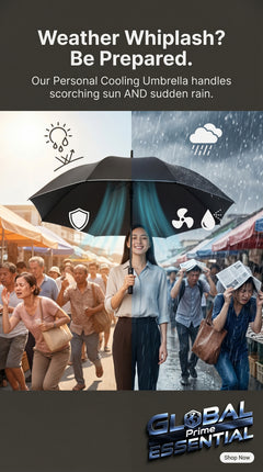 Global Prime Essential portable umbrella with built-in fan and misting system, ideal for outdoor use in hot weather.
