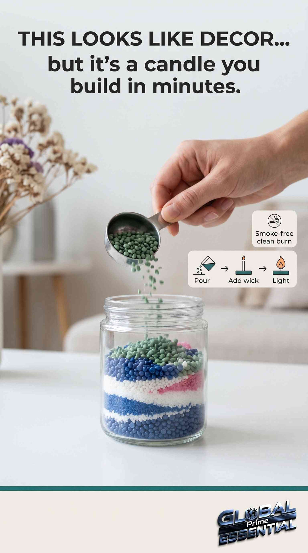 Colorful granular pearl candle wax by Global Prime Essential for DIY candle making, featuring 16 vibrant colors and a clean, smoke-free burn.