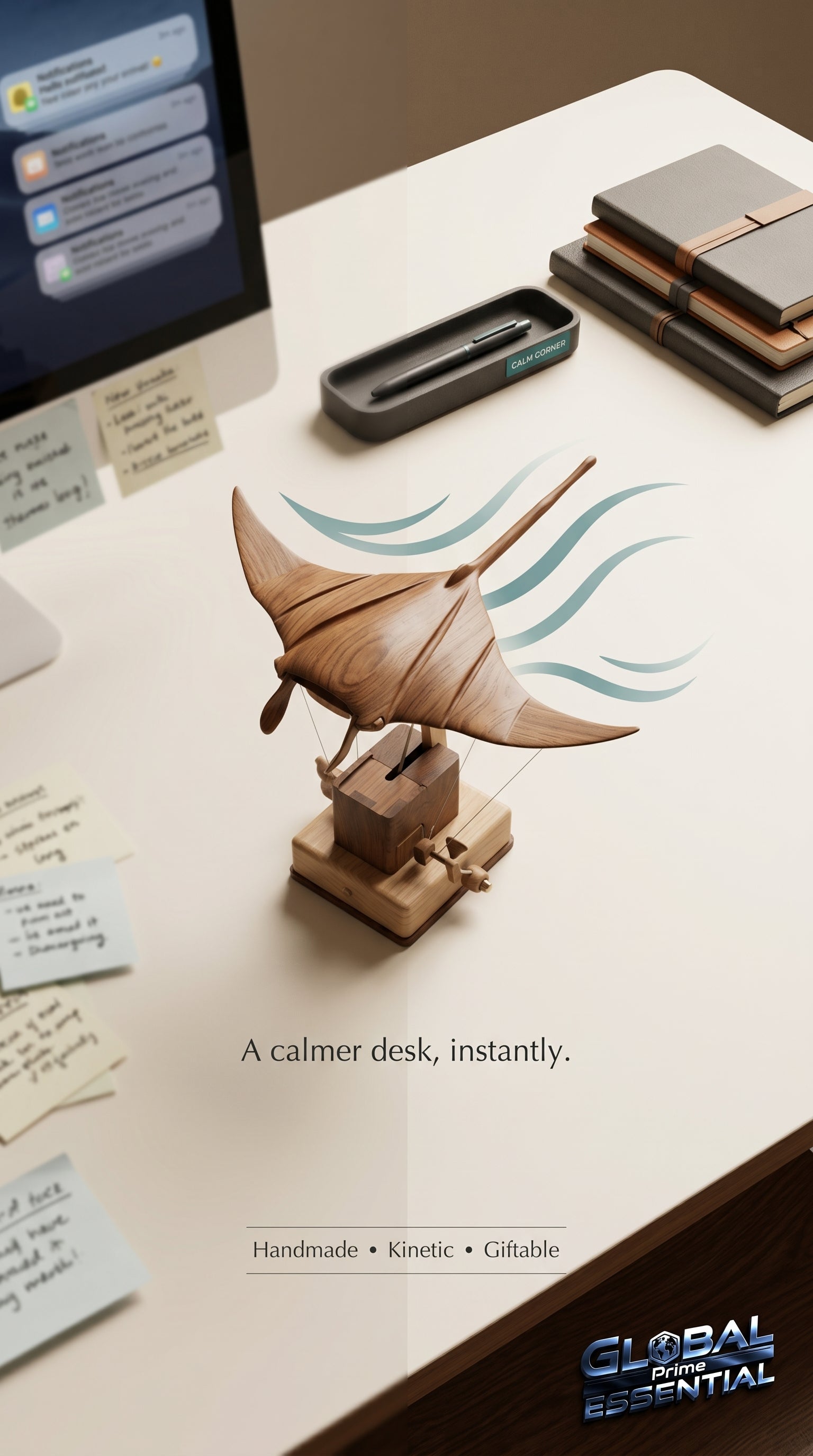 Handmade Wooden Manta Ray – Kinetic Desk Sculpture with Smooth Swimming Motion