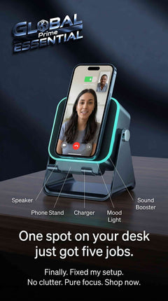 Global Prime Essential 5-in-1 wireless speaker with phone holder, RGB lighting, induction audio, charger, and Bluetooth on a desk.