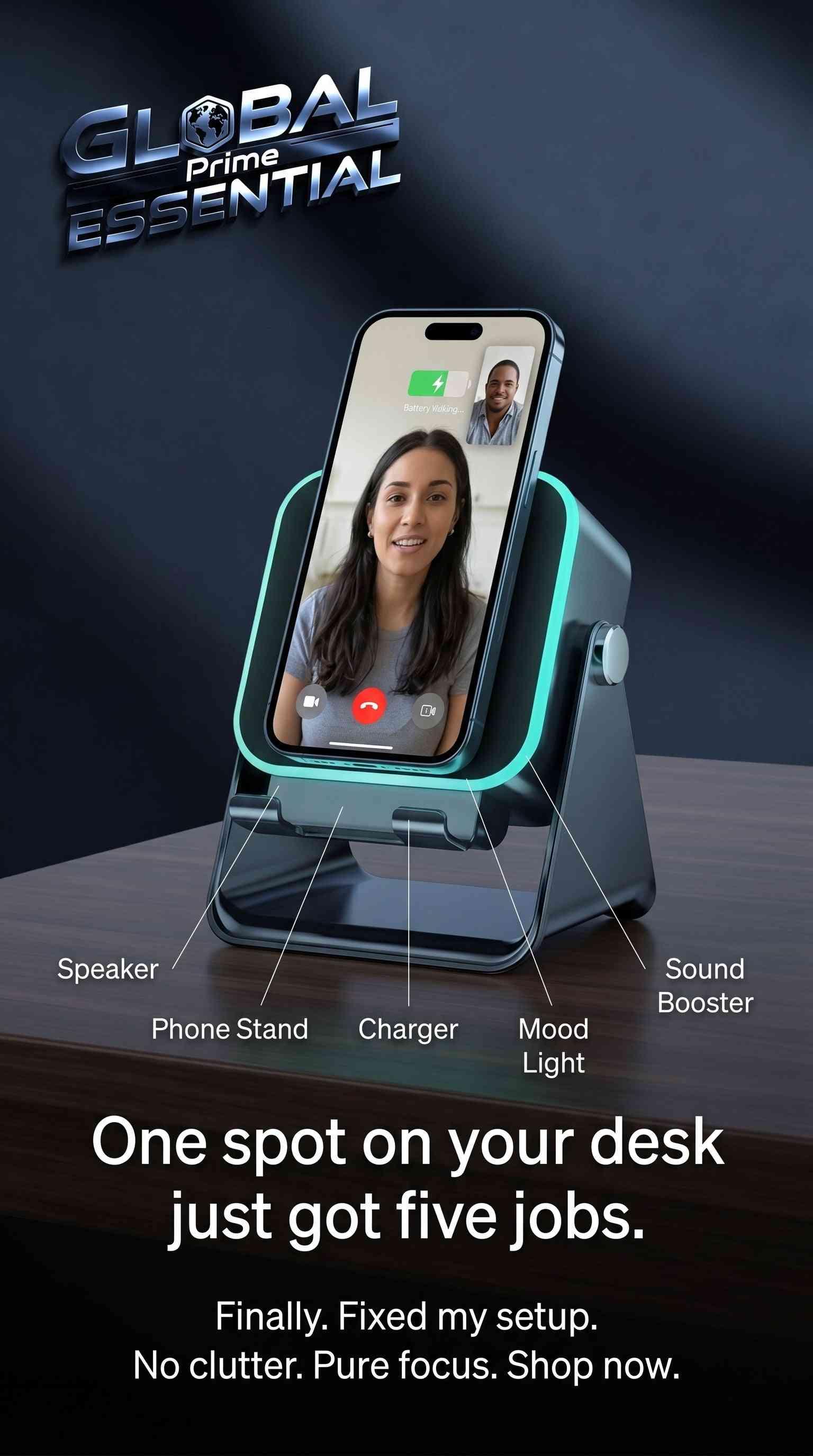 Global Prime Essential 5-in-1 wireless speaker with phone holder, RGB lighting, induction audio, charger, and Bluetooth on a desk.