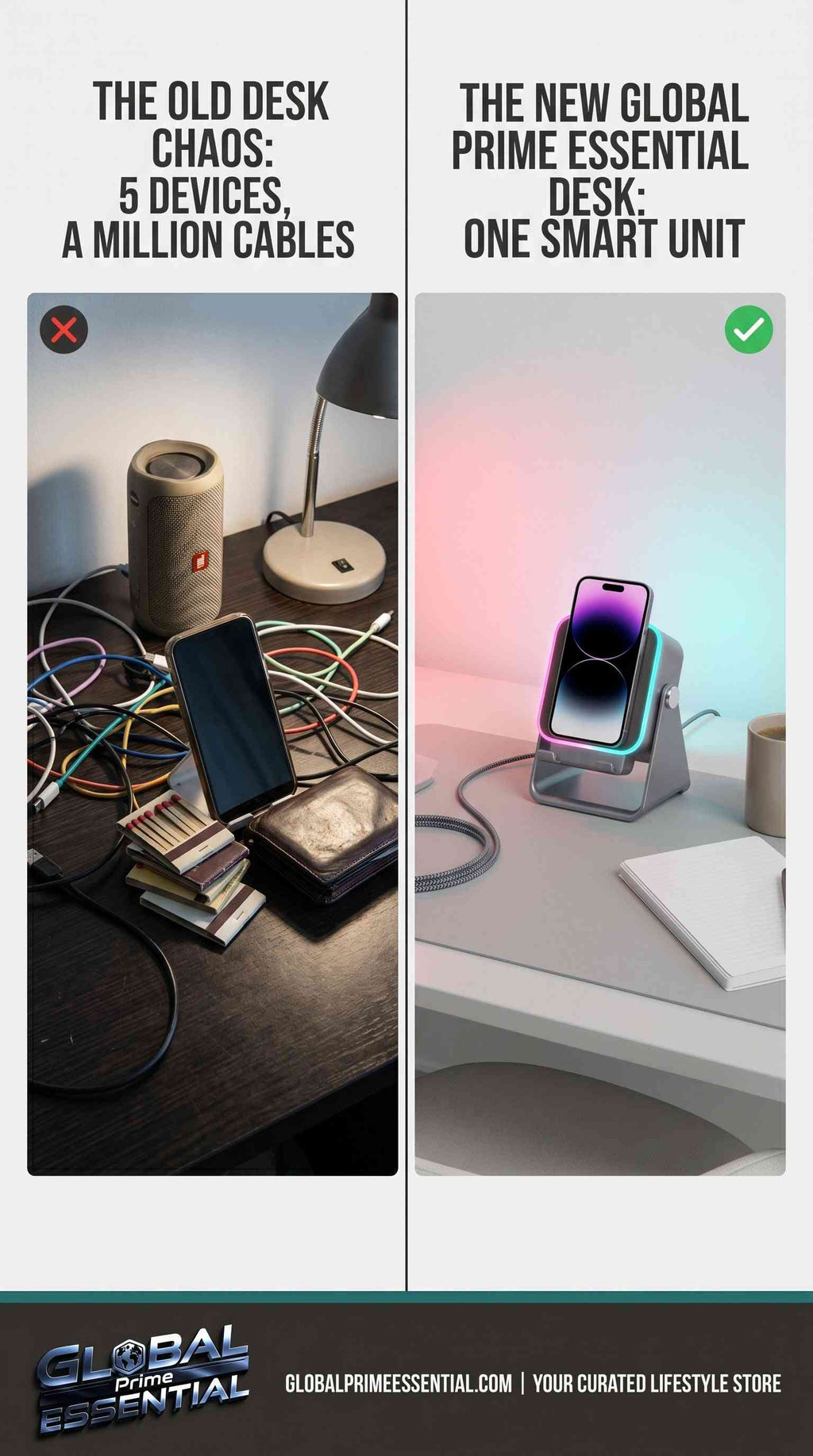 Global Prime Essential 5-in-1 wireless speaker with phone holder, RGB lighting, Bluetooth, induction audio, and charging on a desk.