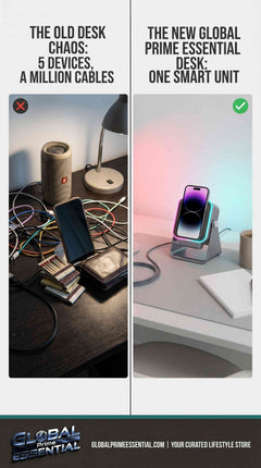 Global Prime Essential 5-in-1 wireless speaker with phone holder, RGB lighting, Bluetooth, induction audio, and charging on a desk.