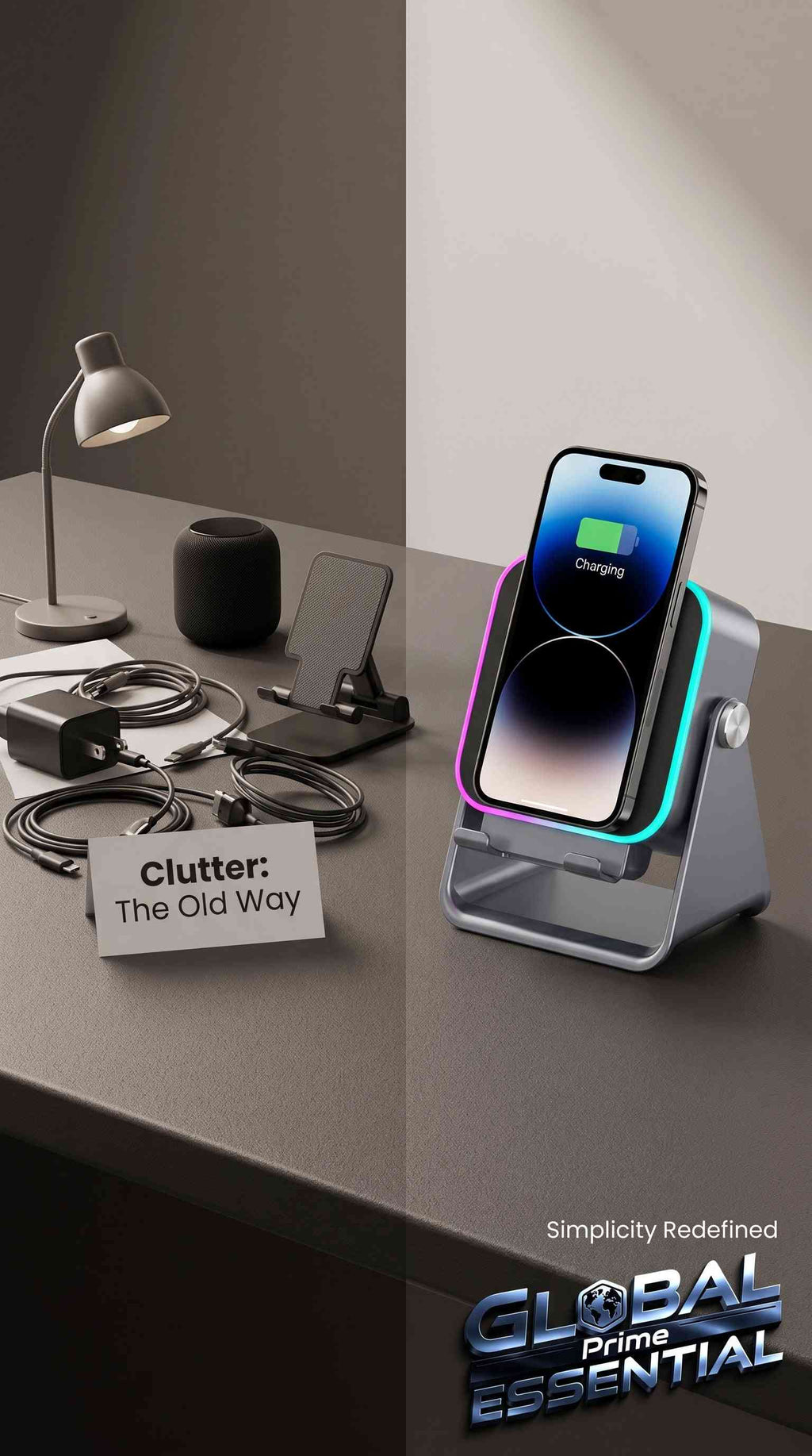 Global Prime Essential 5-in-1 wireless speaker with phone holder, RGB lighting, induction charging, Bluetooth, and sleek desk setup.