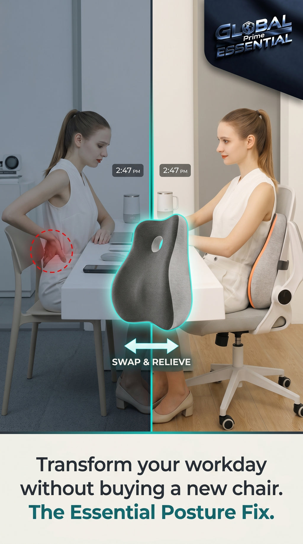 Global Prime Essential memory foam office chair cushion providing comfort and support for desk work.