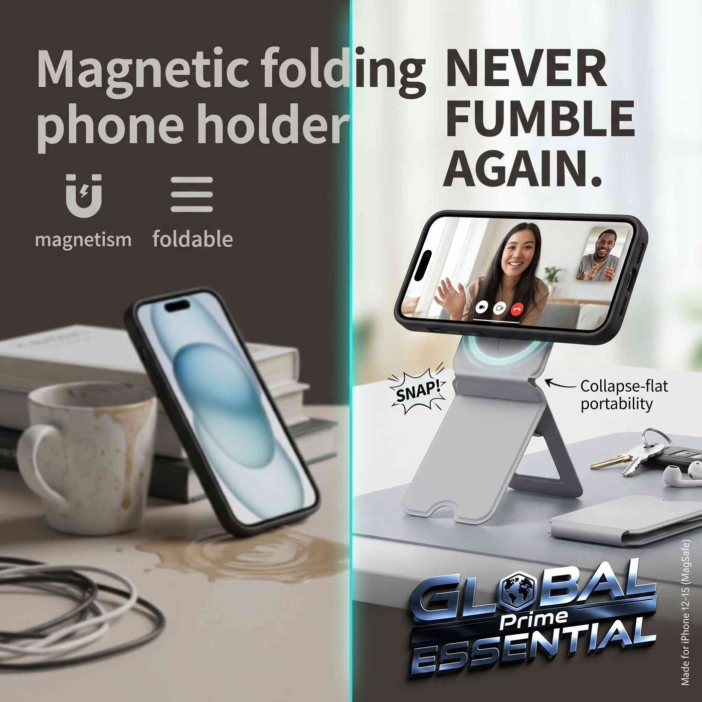 MagSafe Magnetic Phone Stand for iPhone 12-15 – Foldable, Hands-Free Desk Holder