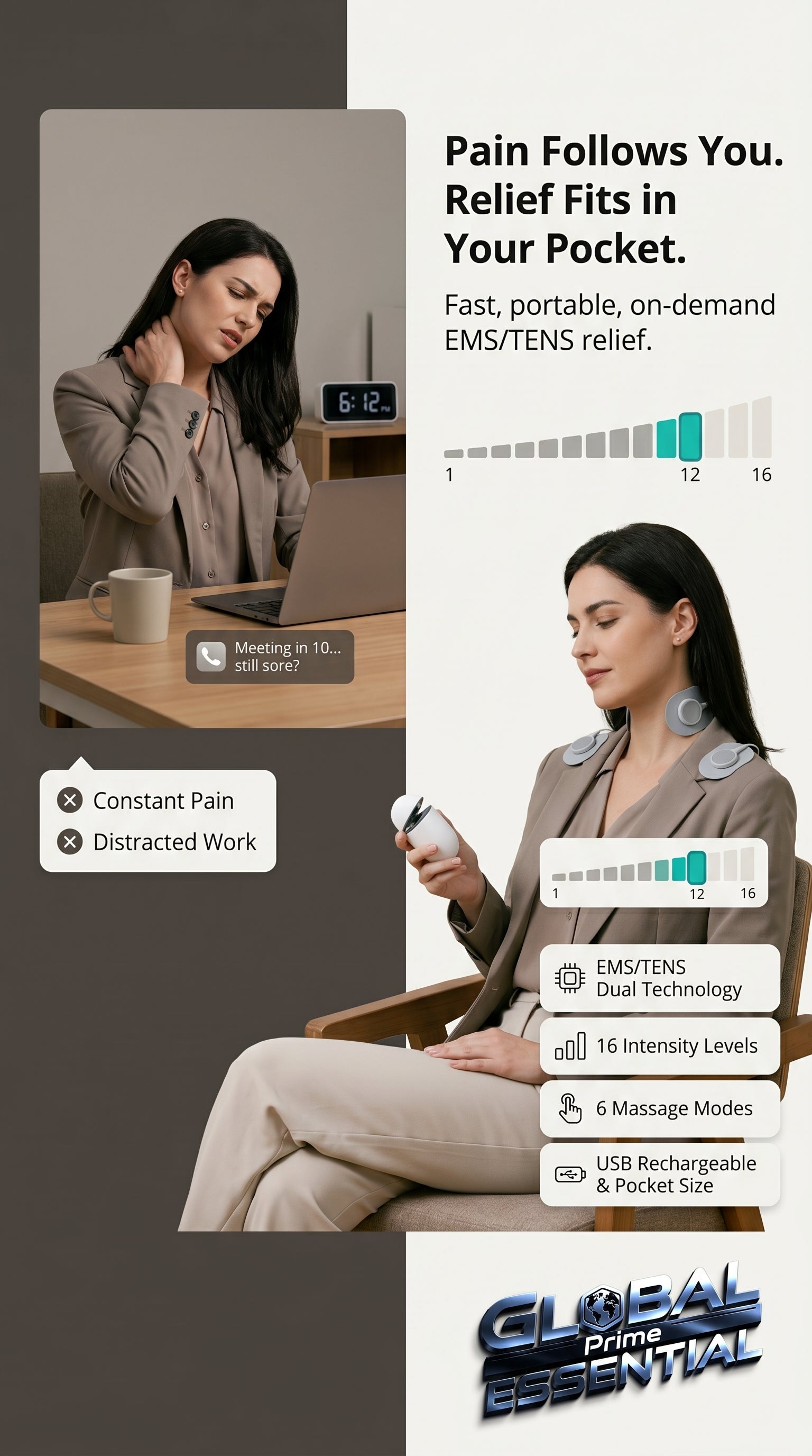Portable Pulse EMS massager by Global Prime Essential for instant pain relief, shown on a desk for on-the-go muscle recovery.