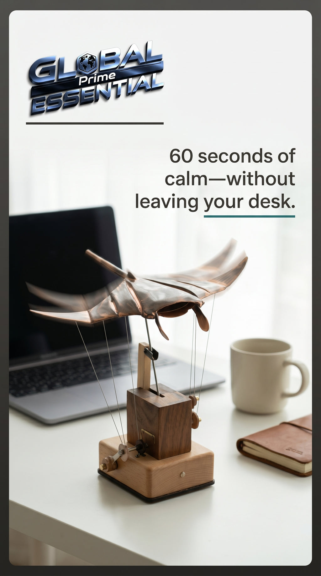 Handmade wooden manta ray kinetic desk sculpture with smooth swimming motion, ideal for home decor by Global Prime Essential.