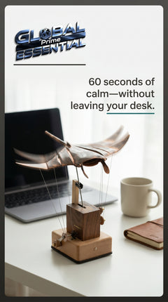 Handmade wooden manta ray kinetic desk sculpture with smooth swimming motion, ideal for home decor by Global Prime Essential.